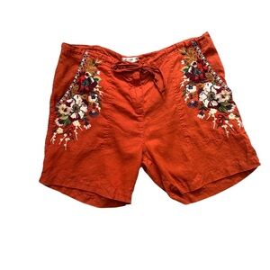 Johnny Was Linen Shorts Embroidered Rust Size M